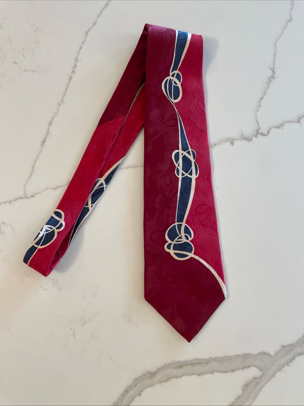 Ultra Burgundy Tie with Navy and Cream Knot Motif 100% silk
